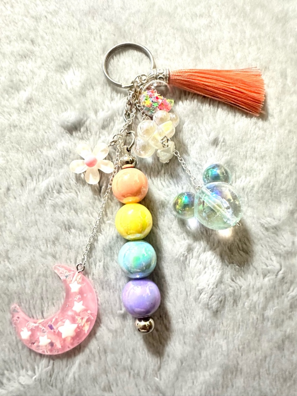 Multicolor Bead & Tassel Bag Charm Keychain - Pastel Rainbow